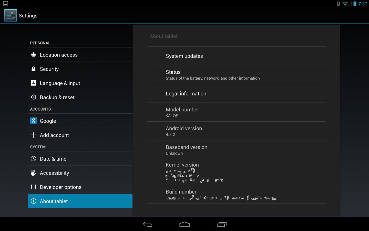 [Tablet Information] settings